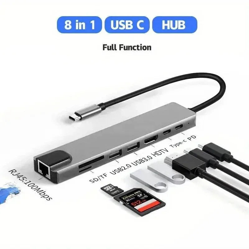 Usb 8 In 1 Type C  To 4k HdTV Hub Adapter With Sd Tf Rj45 Card Reader Pd Fast Charge For Macbook Notebook Computer