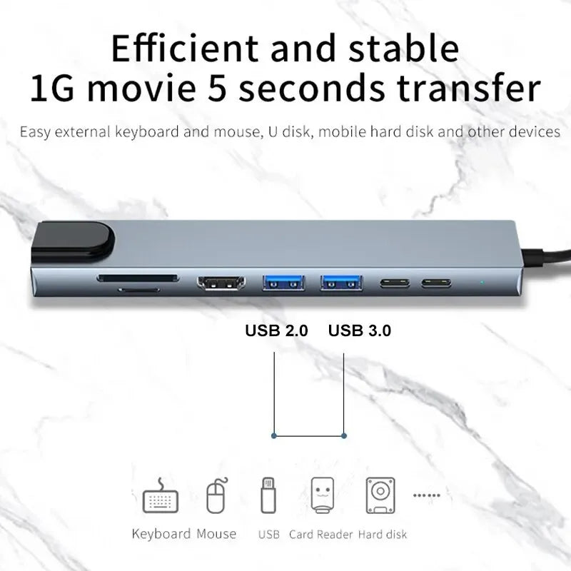 Usb 8 In 1 Type C  To 4k HdTV Hub Adapter With Sd Tf Rj45 Card Reader Pd Fast Charge For Macbook Notebook Computer