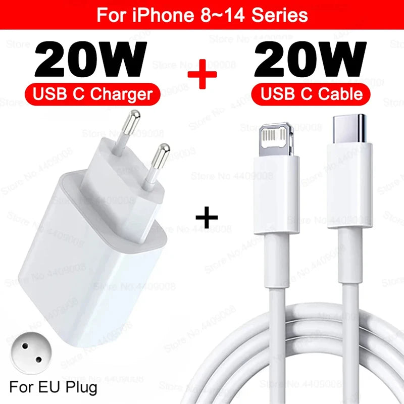 US EU Adapter 20W PD Fast Charger For iPhone  USB C Charger Type C Cable Accessories