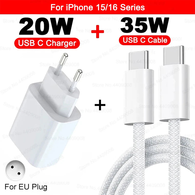 US EU Adapter 20W PD Fast Charger For iPhone  USB C Charger Type C Cable Accessories