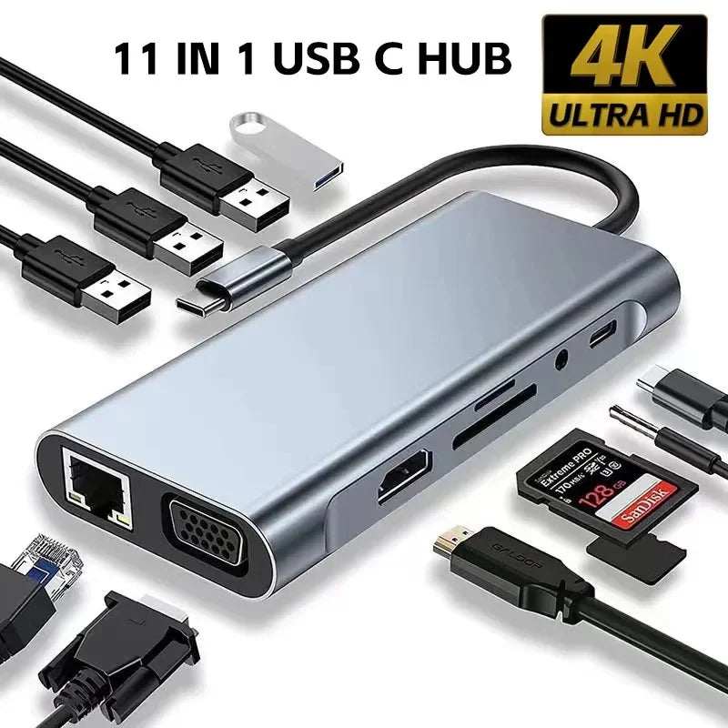 Usb 8 In 1 Type C  To 4k HdTV Hub Adapter With Sd Tf Rj45 Card Reader Pd Fast Charge For Macbook Notebook Computer